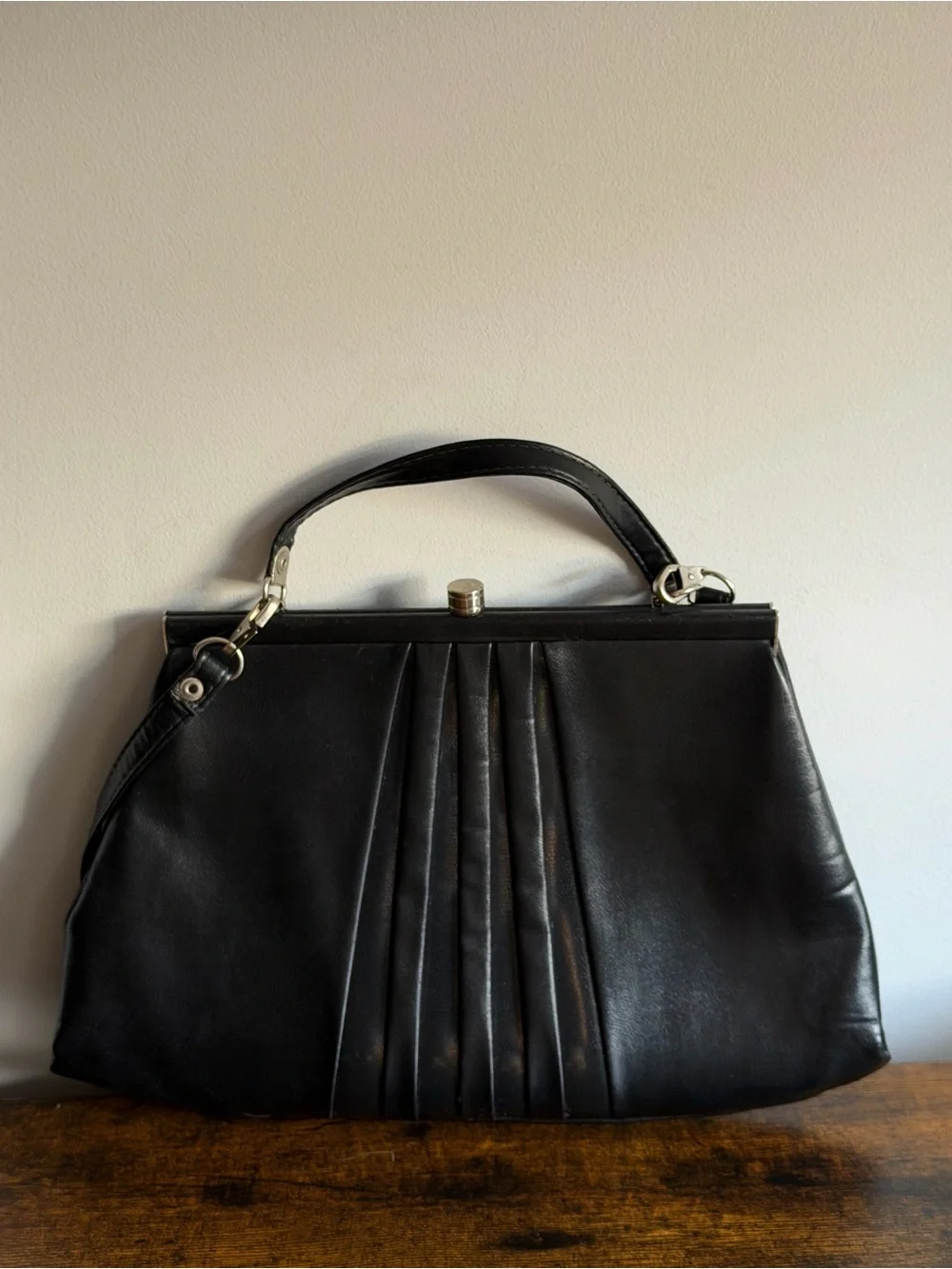 Vintage 1950s Black Pleated Frame Handbag ILGWU Union Made Mid Century Purse